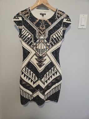 Express Black, Gold & White Sequin Geometric Sheath Dress